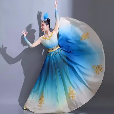 Blue Chinese folk Xinjiang dance dresses for women girls Swing contest competition art exam practice skirt Ethnic Uyghur Classical dance costume female
