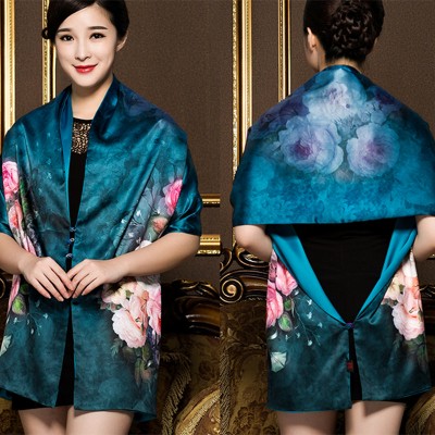 Blue floral qipao dress Silk scarf  shawl women's long silk  chinese dress brushed scarf cheongsam shawl