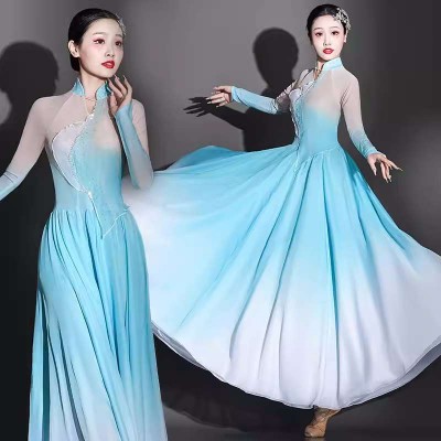 Blue gradient chinese folk Classical dance costume hanfu fairy dress for women girls Female elegant  fam umbrella jasmine Repertoire dance dress