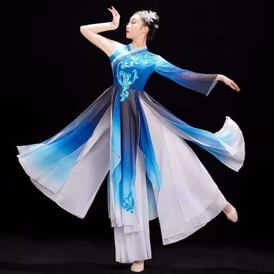 Blue gradient Chinese folk Classical dance costumes hanfu for women elegant Chinese style Fan umbrella Dance dresses Modern Dance Umbrella Dance wear for female