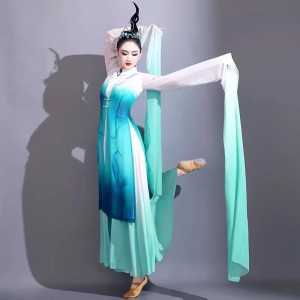 Blue gradient chinese folk dance costumes for women girls Water sleeve hafu Empress classical dance dresses Female elegant Chinese style Han Tang lotus water sleeve dance skirt 