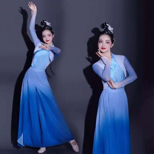 Blue gradient chinese folk dance dress for women girls chinese oriental Asian traditional classical ancient fan umbrella dance hanfu for female