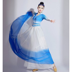 Blue Gradient Chinese Mongolian dance costumes for girls women chinese Mongolian ethnic dance dress art examinations Mongolian big swing skirts robe 
