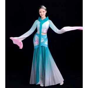 Blue gradient Classical Water Sleeves dance Costumes for women girls Caiwei Dance dresses fairy hanfu Female Jinghong Dance Elegant swing sleeves clothes for female