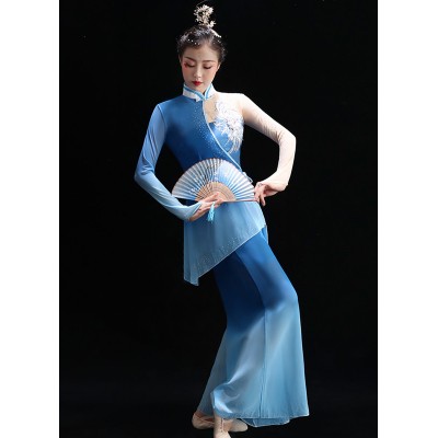 Blue gradient colored chinese folk dance costumes for women girls china traditional classical yangge umbrella fan dance dress for woman