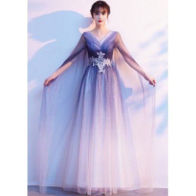 Blue gradient Modern Grand Choir Symphony Conductor long dresses for women girls Host Solo Piano Performance Costume Fairy Catwalk Singing Competition Dress