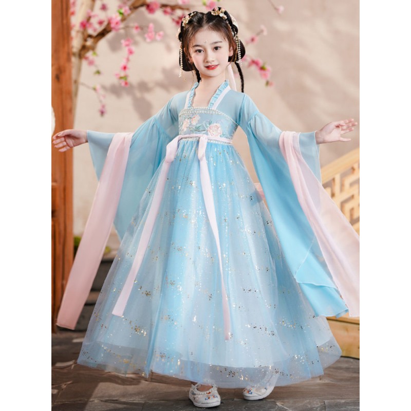 Blue Hanfu fairy dress chinese princess folk dance dress for kids china ancient costumes halloween christmas party Han Tang queen cosplay ru skirt guzheng costumes for Girls