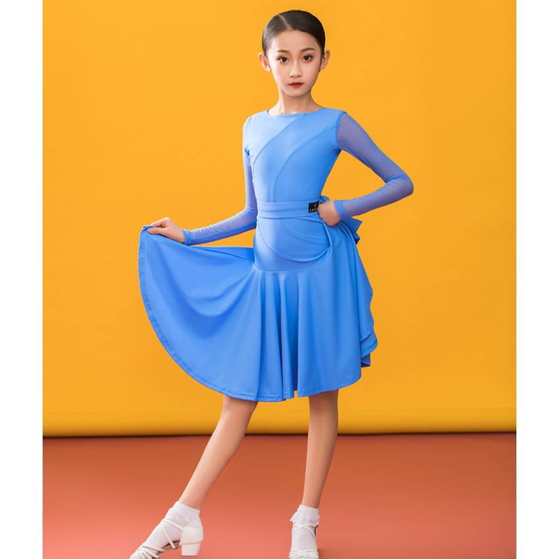 Blue Latin ballroom dance dress for girls Children standard competition clothes kids Latin performance clothes grade examination dance outfits