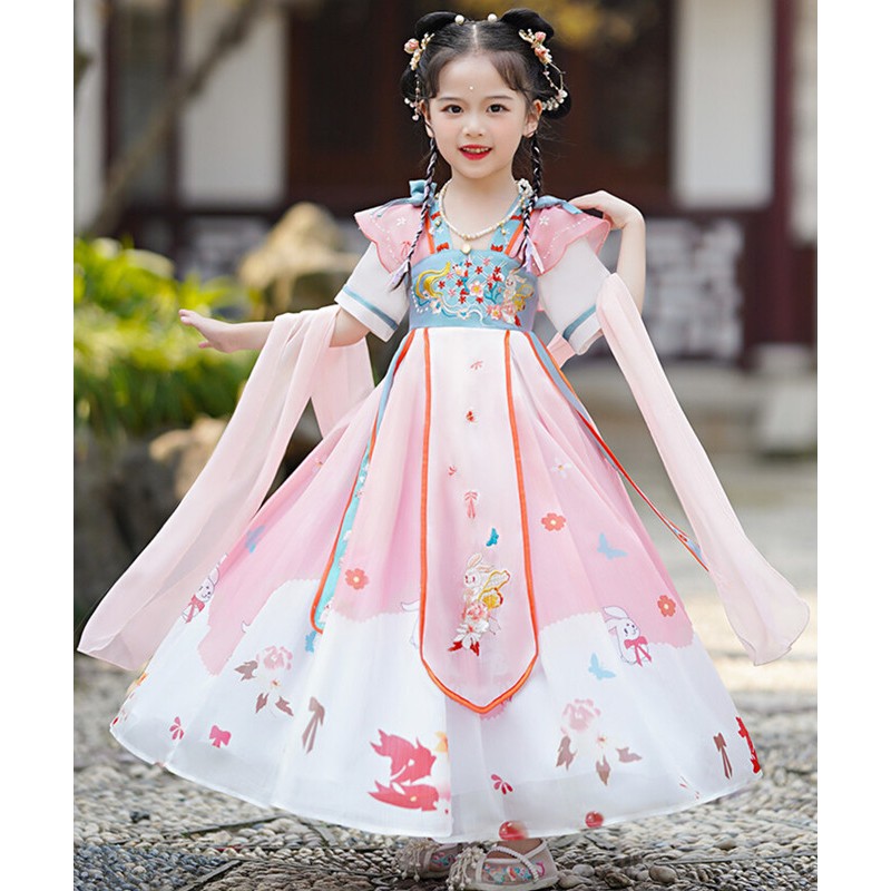 Blue pink Fairy Hanfu girls folk dance dress children with elegant embroidery dress cute princess dress child party cosplay ceremony dance outfit