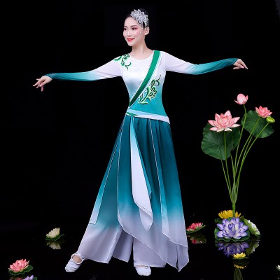 Blue pink gradient chinese folk Classical dance performance dress women Yangko fan umbrella dance Dress chinese hanfu fairy dresses