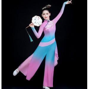 Blue Pink Gradient Chinese Folk Dance Costumes For Women Girls China Yangge Dance Suit Hanfu Jiaozhou Yangko Fan Umbrella dance Clothes Art Exam