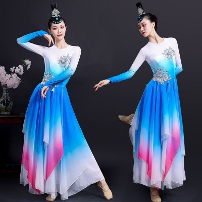 Blue pink hanfu chinese folk classical dance costumes female elegant Chinese modern dance opening the fan umbrella fairy dance dress for lady