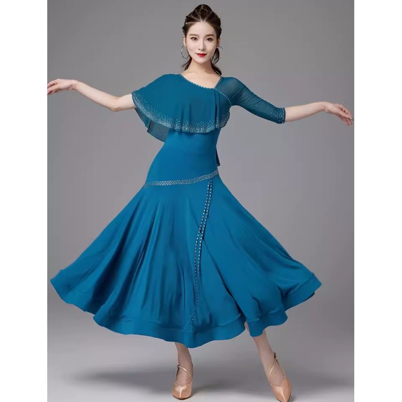 Blue purple black gemstones competition ballroom dance dresses for women girls waltz tango foxtrot smooth training exercises performance long gown for lady