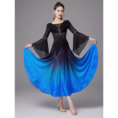 Blue red gradient competition ballroom dance dresses for women girls waltz tango foxtrot smooth rhythm training practice long gown for lady