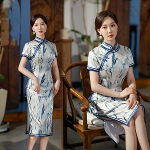 Blue striped mulberry silk qipao retro chinese dress for women young female elegant temperament of high-grade real silk long  dresses