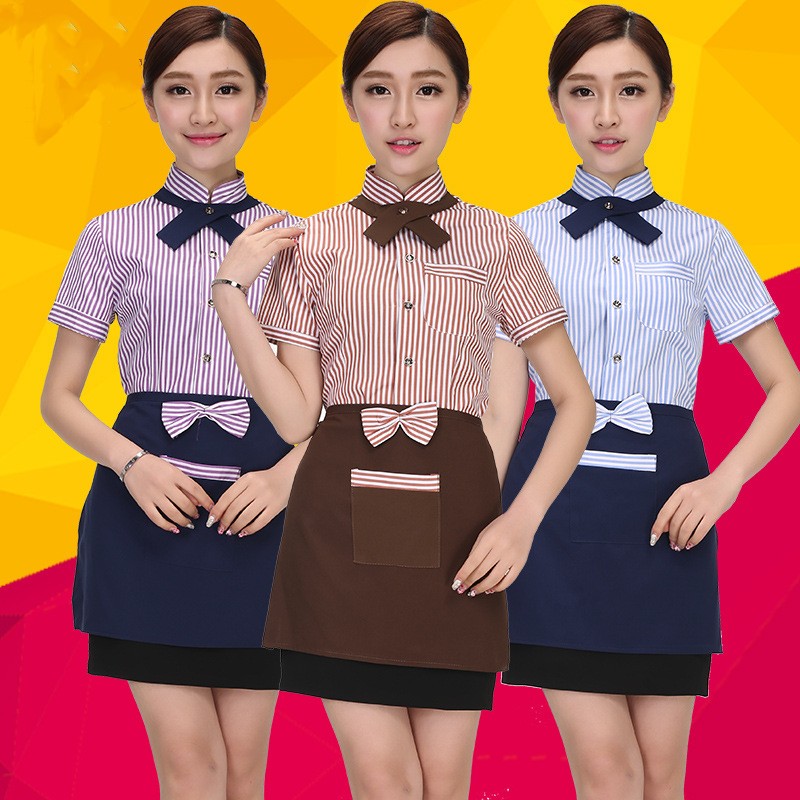  Blue striped restaurant waiter overalls chef work uniforms short-sleeved  female hotel coffee shop catering organic long sleeve waitress suit uniforms