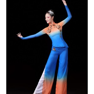 Blue with orange chinese folk dance costumes for women girls traditional ancient Jiaozhou Yangge umbrella fan dance suit female solo classical dance dress adult square dance suits