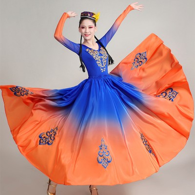 Blue with orange Xinjiang dance dresses for women chinese folk dance costume female minority practice big swing skirt Uighur opening dance dress 