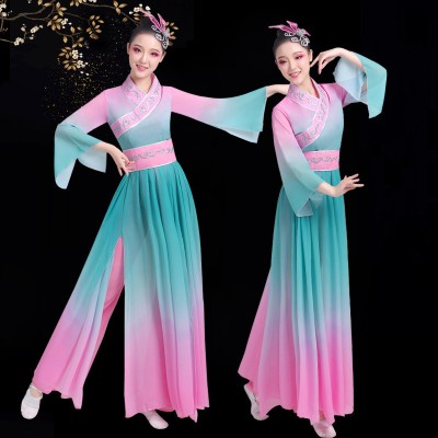 Blue with pink Chinese Classical  folk dance performance dress adult female elegant Jasmine Flower Blossom folk dance Yangko fan performance costumes