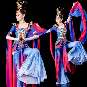 Blue with pink Fairy hanfu performance dress Pipa chinese waterfall sleeves flying dance Dunhuang  Feitian Classical dance costume 