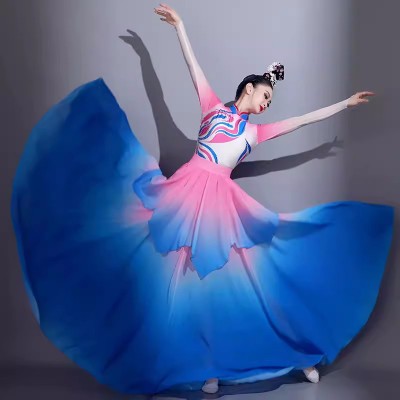 Blue with pink gradient chinese folk classical dance dresses competition flowing dance wear ancient Oriental Asian Carnival holiday performance costumes for female