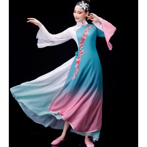 Blue with pink gradient color chinese folk dance costumes for women fairy classical dance hanfu yangko umbrella fan dance dress