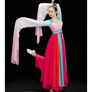 Blue with pink Water-sleeved Chinese folk dance costumes traditional classical dance costumes fairy Hanfu Jinghong dance Caiwei dance performance dresses for female
