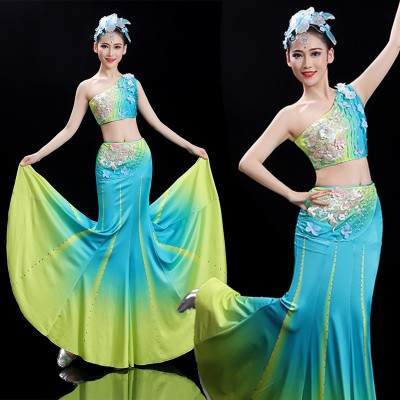 Blue with yellow chinese folk Dai dance costumes for women young girls peacock dance mermaid dance dress for Xishuangbanna Peacock dance fishtail skirt