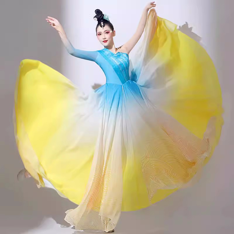 Blue yellow gradient flamenco dance dresses for women Girls Opening dance big skirts choir singing dancing,modern classical oriental traditional flowing dance costumes