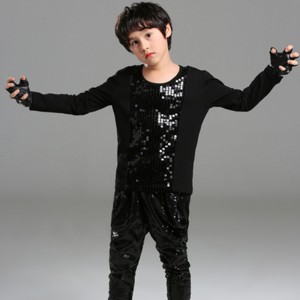 Boy black red sequined jazz hiphop dance long sleeves top t shirts  drummer model show gogo dancers singers performance tops