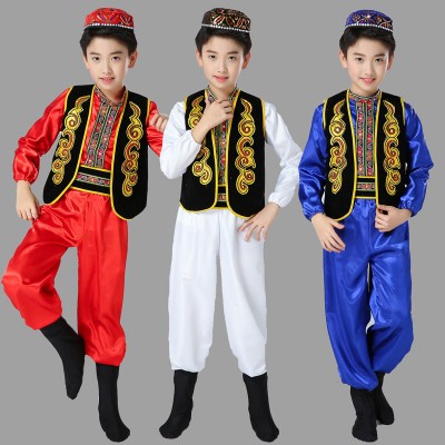 Boy blue red color Xinjiang dance costumes children's Kazakh dance clothes boys Uyghur performance wear for kids Chinese ethnic minority dance costumes boys