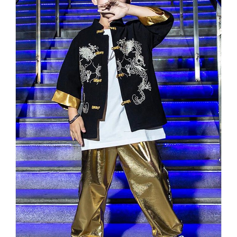 Boy china dragon style hiphop dance costumes gogo dancers rap model singers show stage performance tang suit coat and pants