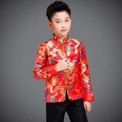 Boy chinese dragon brocade chinese folk dance costumes New Year Celebration stage performance Tang Suit for kids 