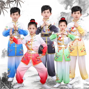 Boy Girls wushu martial arts competition clothes Chinese Kung Fu Performance Costume rainbow color  children Tai Chi clothing embroidery dragon suit