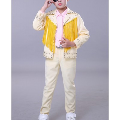 Boy kids black red white light yellow rivet fringed leather jazz dance costumes model show singers host drummer stage performance outfits for kids