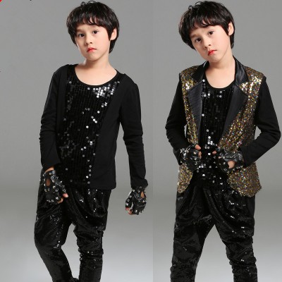 Boy kids gold with black sequins jazz hiphop dance costumes drummer singers host model show performance vest and pants