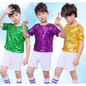 Boy kids green gold purple sequin jazz dance costumes singers cheerleaders school competition show performance tops and shorts