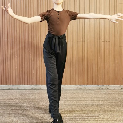 Boy kids latin ballroom dance wear modern stage performance competition latin coffee shirt and black long pants for children