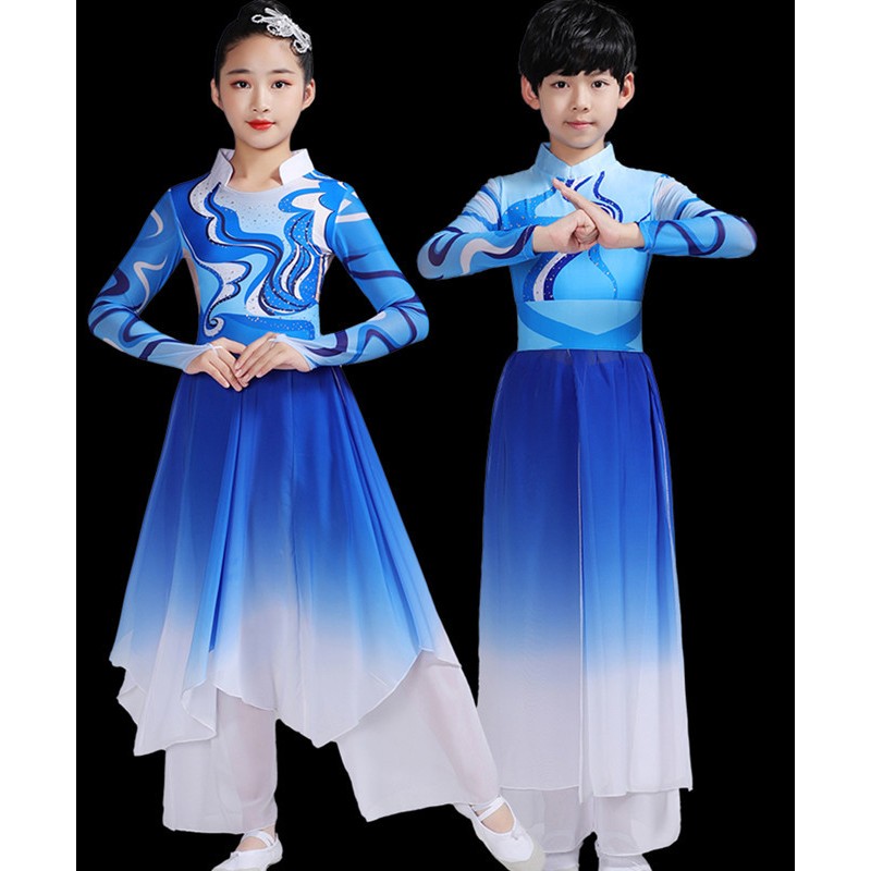 Boy kids Royal blue gradient colored Chinese kungfu wushu dance costumes modern taichi dance yangge umbrella dance clothes