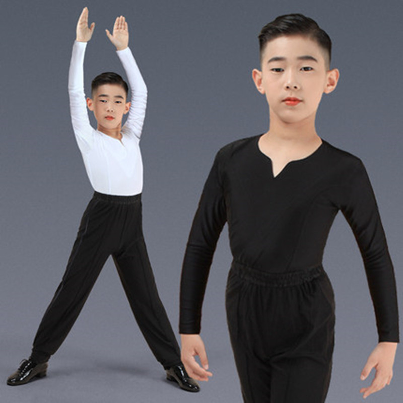 Boy kids white black v neck latin dance shirts and pants junior ballroom salsa chacha latin dancing costumes modern dance wear for children