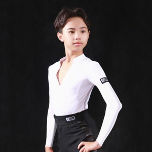 Boy kids white black  v neck latin dance shirts long sleeves ballroom modern latin dance performance tops for children