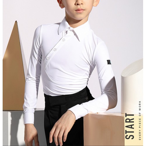 Boy Latin dance white shirts children professional competition clothes Childrenlong-sleeved dan ce grading examination performance body tops