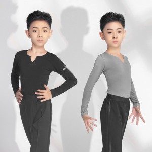 Boy youth Gray black Latin dance shirts for children kids latin ballroom dancing tops long-sleeved training clothes stage performance shirt for boy
