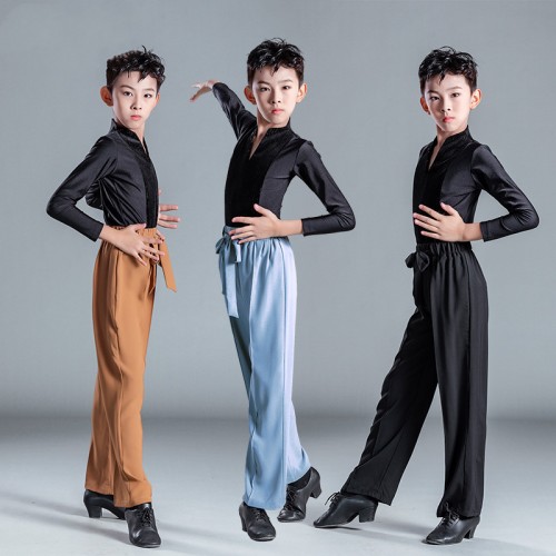 Boys black brown blue latin dance shirts and pants youth kids juvenile stage performance tops and trousers ballroom latin performance outfits for baby 