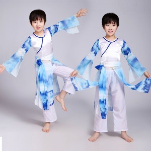 Boys chinese ancient folk traditional dance costumes blue gradient colored taichi martial kungfu cosplay dancing uniforms suits