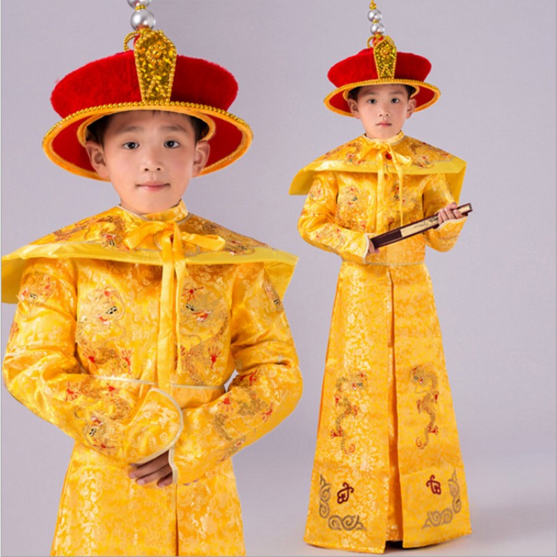 Boy's Chinese ancient traditional stage performance costumes qing dynasty drama cosplay photography gold dragon emperor robes for kids