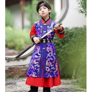 Boys Chinese  blue red dragon Hanfu Ancient style boy Emperor performance cosplay costume swordsman warrior Tang suit costume