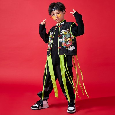 Boys chinese dragon style hip-hop street dance costumes Chinese style jazz dance tops and pants children's national tide rapper performance suit