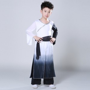 Boys Chinese folk dance costumes ancient taichi maritial school wushu stage performance singers dancers photos copaly dancing robes