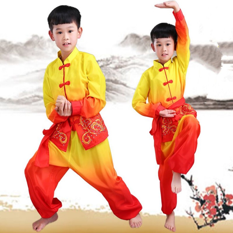 Boy's chinese folk dance costumes ancient traditional dragon dance wushu kungfu dance costumes tops and pants